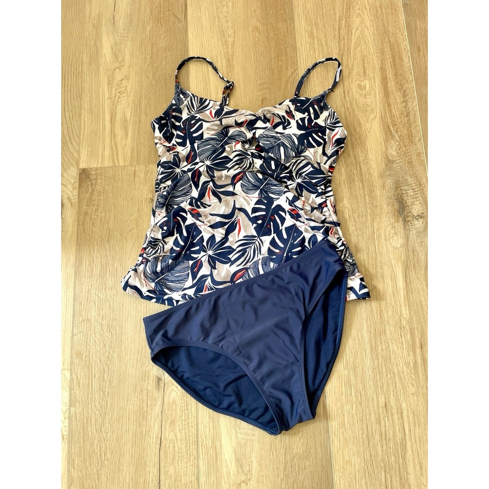 Nicole Miller Studio Tankini Swimsuit Set Navy Tropical Leaf Print 2 Pc Medium